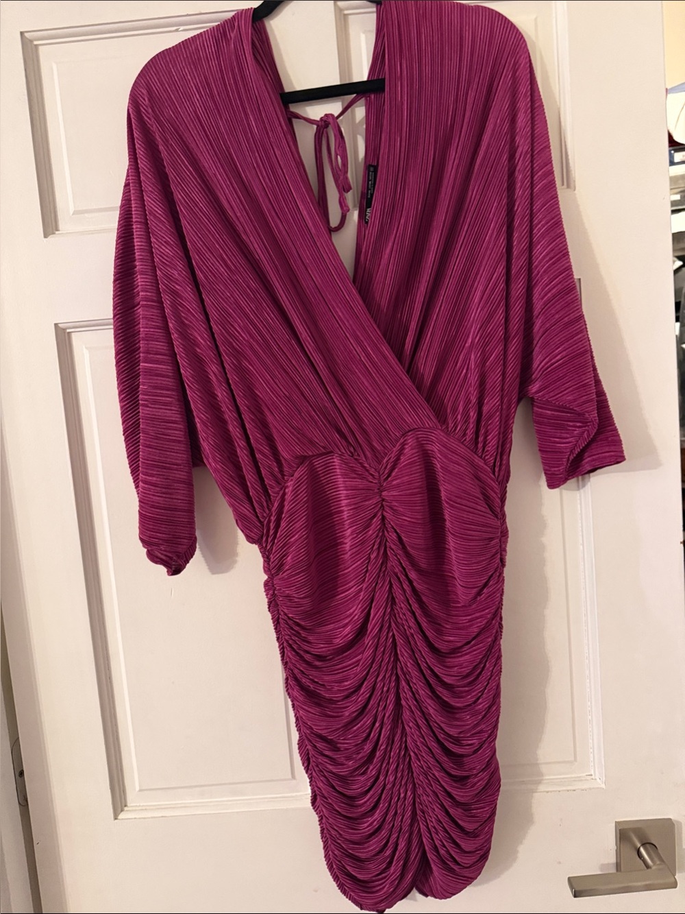 Zara Magenta Pleated Ruched Wrap Mini Dress